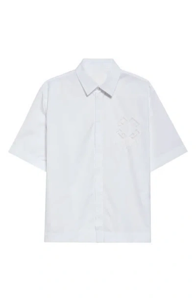 Givenchy Dripping Cutout Logo Short Sleeve Cotton Button-up Shirt In White