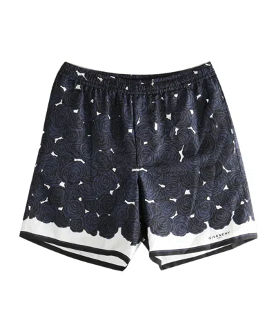 Givenchy Mens Dark Navy Roses Drawstring Silk Shorts In Blue
