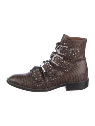 Pre-owned Givenchy Embossed Leather Animal Print Combat Boots In Brown