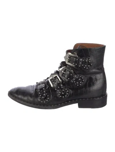 Pre-owned Givenchy Embossed Leather Studded Accents Combat Boots In Blue