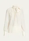 Givenchy Embroidered 4g Long-sleeve Tie-neck Silk Blouse In Eggshell