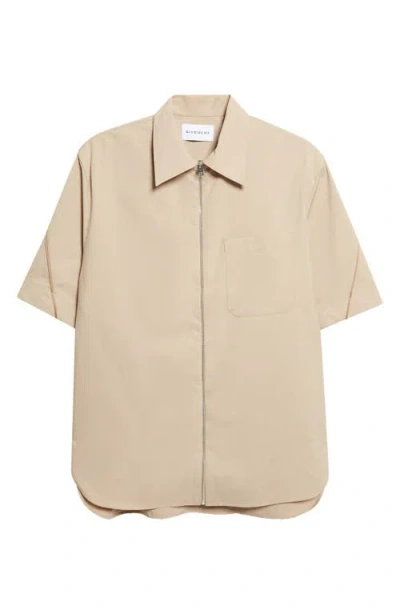 Givenchy Embroidered Logo Short Sleeve Zip Shirt In Brown