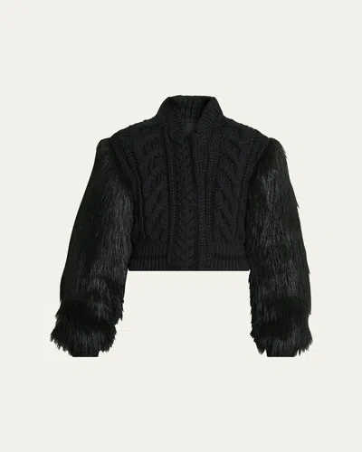 Givenchy Varsity Jacket In Cable Knit Wool And Faux Fur In Black