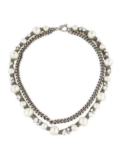 Pre-owned Givenchy Faux Pearl & Crystal Double Strand Necklace, 18.5" In Clear/white