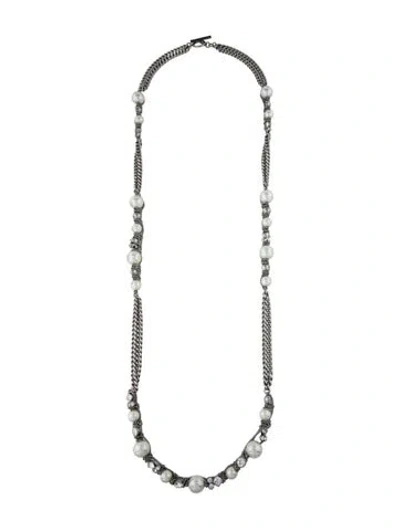 Pre-owned Givenchy Faux Pearl & Crystal Woven Chain Necklace, 43" In White