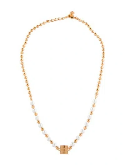 Pre-owned Givenchy Faux Pearl Logo Beaded Pendant Necklace, 18" In White