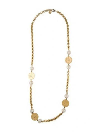 Pre-owned Givenchy Faux Pearl Medallion 40th Anniversary Chain Necklace, 39" In White