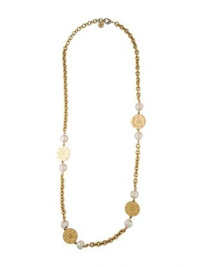 Pre-owned Givenchy Faux Pearl Medallion 40th Anniversary Chain Necklace, 39" In White