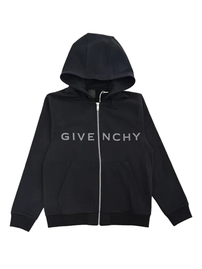 Givenchy Kids' Fleece Hooded Cardigan, 85% Organic Cotton 15% Polyester, Front Zip Closure, Kangaroo Pocket, Givenc In Black