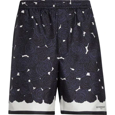 Givenchy Floral Elastic Waist Silk Shorts In Blue