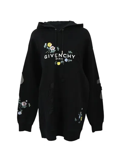 Pre-owned Givenchy Floral-embroidered Logo Hoodie In Black