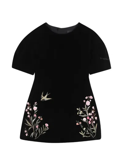Givenchy Kids' Floral-embroidered Velvet Dress In Black