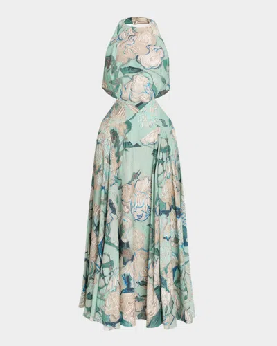 Givenchy Floral-print Cutout Halter Midi Dress In Gray