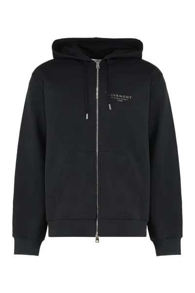 Givenchy Logo Stamp Zip-up Hooded Sweatshirt In Black