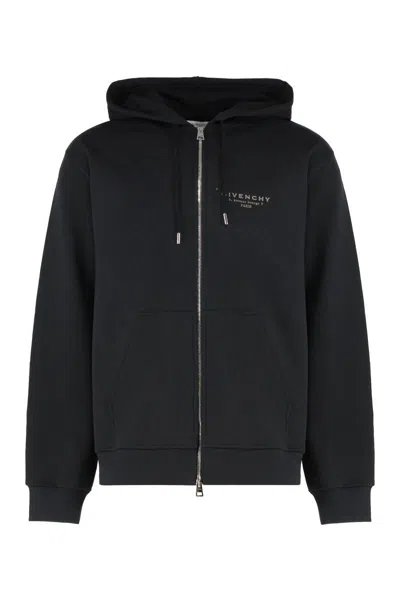 Givenchy Logo Stamp Zip-up Hooded Sweatshirt In Black