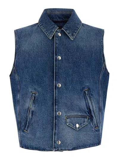 GIVENCHY LIGHT BLUE VEST WITH SNAP BUTTONS AND LOGO EMBROIDERY IN COTTON DENIM MAN