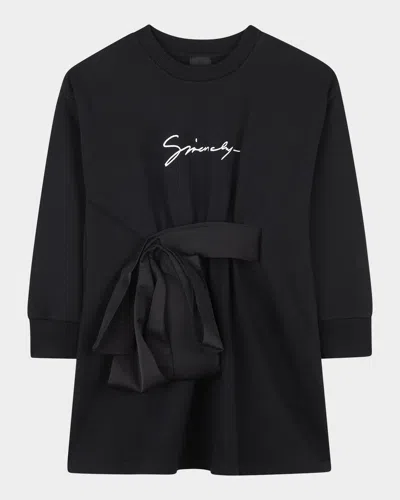 GIVENCHY GIRL'S LOGO EMBROIDERED FLEECE DRESS WITH SATIN BOW