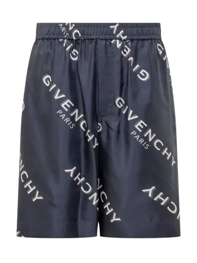 Givenchy Blue Silk Shorts With Logo In Black