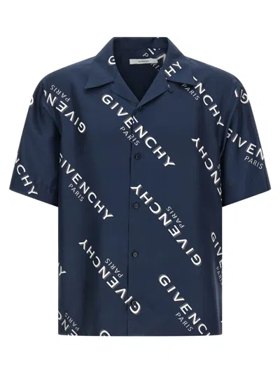 Givenchy Convertible-collar Logo-print Silk-twill Shirt In Blue