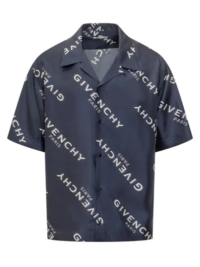 Givenchy Convertible-collar Logo-print Silk-twill Shirt In Blue