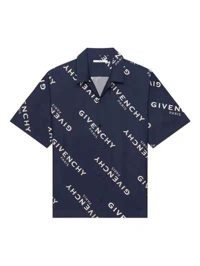 Givenchy Convertible-collar Logo-print Silk-twill Shirt In Blue