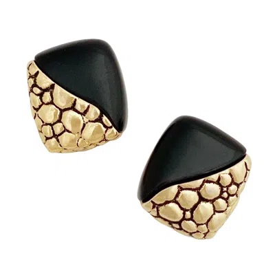 Pre-owned Givenchy Gold Pebble Texture & Black Acrylic Earrings By , 1980s