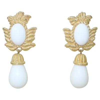 Pre-owned Givenchy Gold Plate White Drop Dangle Earrings, 1980's