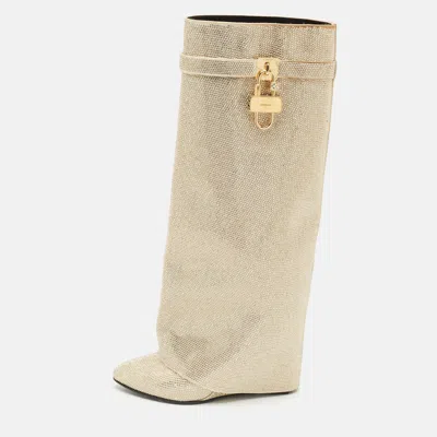 Pre-owned Givenchy Gold Satin Crystal Embellished Shark Lock Knee Length High Boots Size 39