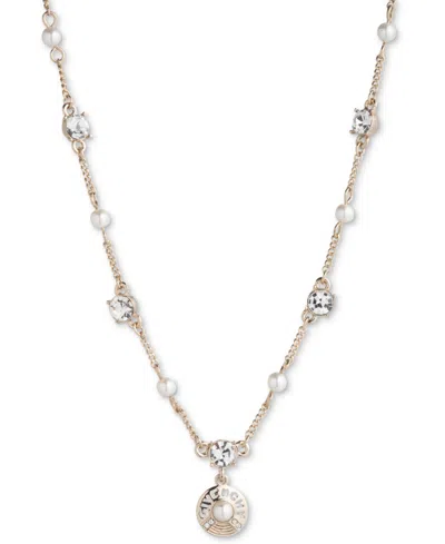 Givenchy Gold-tone Imitation Pearl & Crystal Logo Pendant Necklace, 16" + 3" Extender In White