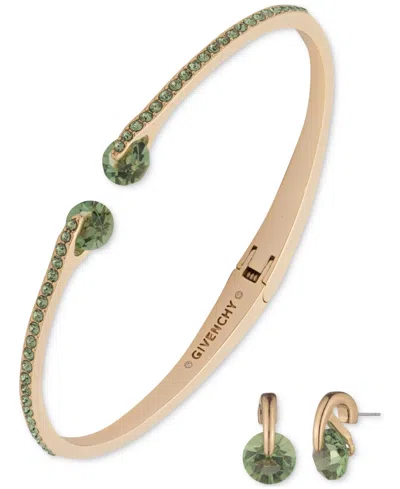 Givenchy Gold-tone Mixed Crystal Cuff Bracelet & Stud Earrings Set In Lt,pas Grn