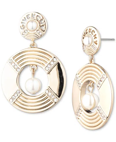 Givenchy Gold-tone Pave, Imitation Pearl & Logo Doorknocker Drop Earrings In White