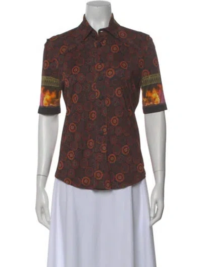 Pre-owned Givenchy Graphic Print Short Sleeve Button-up Top In Brown