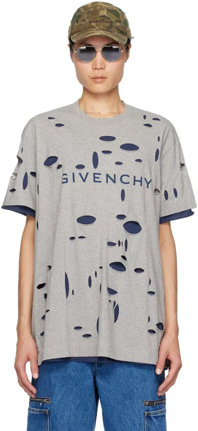 GIVENCHY GRAY & NAVY DESTROYED T-SHIRT