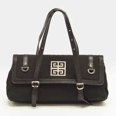 Pre-owned Givenchy Greca Metal Flap Black Leather And Nylon Satchel