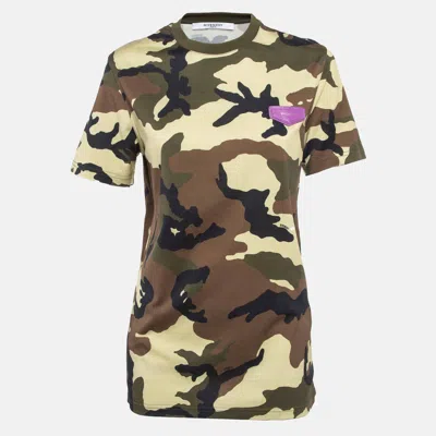 Pre-owned Givenchy Green Camouflage Print Leather Applique Jersey T-shirt Xs