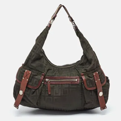 Pre-owned Givenchy Green/brown Monogram Nylon And Leather Multiple Pocket Hobo