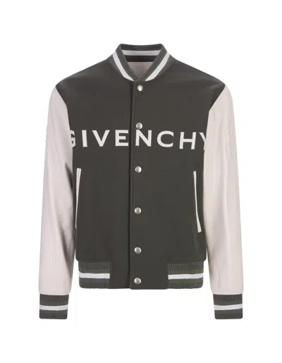 Givenchy Grey Green And White Bomber Jacket In Wool And Leather