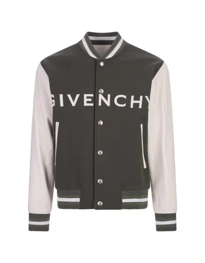 Givenchy Grey Green And White Bomber Jacket In Wool And Leather In Greyish Green