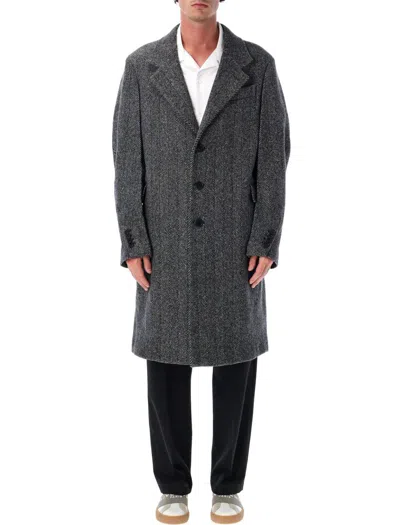Givenchy Grey Herringbone Wool Overcoat In Black