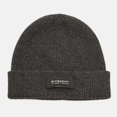 Pre-owned Givenchy Grey Logo Applique Rib Knit Cashmere Blend Beanie One Size In Gray