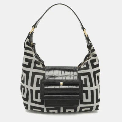 Pre-owned Givenchy Grey/black Signature Canvas And Croc Embossed Leather Hobo