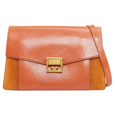 Pre-owned Givenchy Gv3 Small Tan Brown Leather Suede Clasp Structured Crossbody Bag