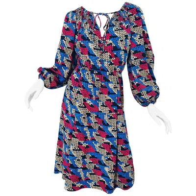 Pre-owned Givenchy Haute Couture 1970s Exaggerated Houndstooth Bishop Sleeve Vintage Dress In Purple