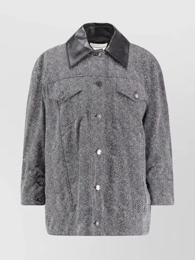 GIVENCHY HERRINGBONE PATTERN COTTON JACKET WITH LEATHER COLLAR