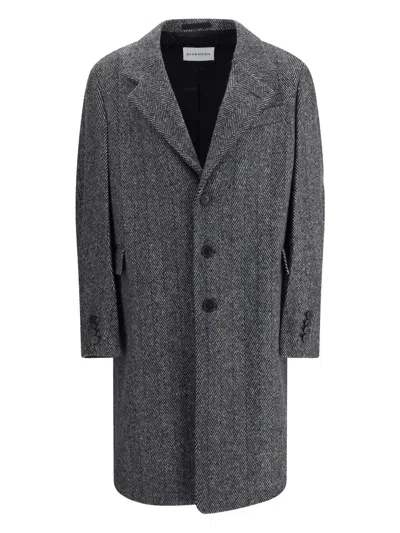 Givenchy Herringbone-pattern Notched-lapel Coat In Black