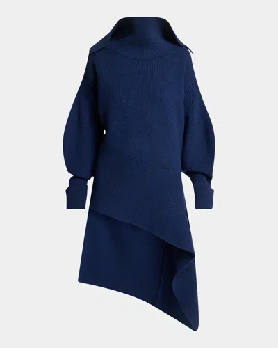 Givenchy High-neck Slashed Wool-cashmere Asymmetric Mini Sweater Dress In Colbalt Blue