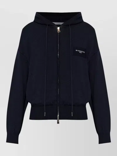 Givenchy Hooded Zip Sweater Ribbed Cuffs Hem In Blue