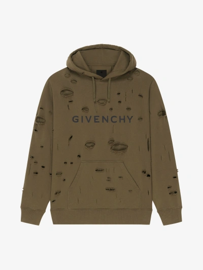 Givenchy Hoodie In Felpa With Destroyed Effect In Khaki