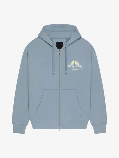 Givenchy Zipped Hoodie In Fleece With Hubert Objects Embroidery In Grey Blue