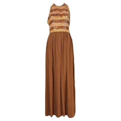 Pre-owned Givenchy Hubert De  Haute Couture Amber-sequin Halter Gown C. 1960's In Brown